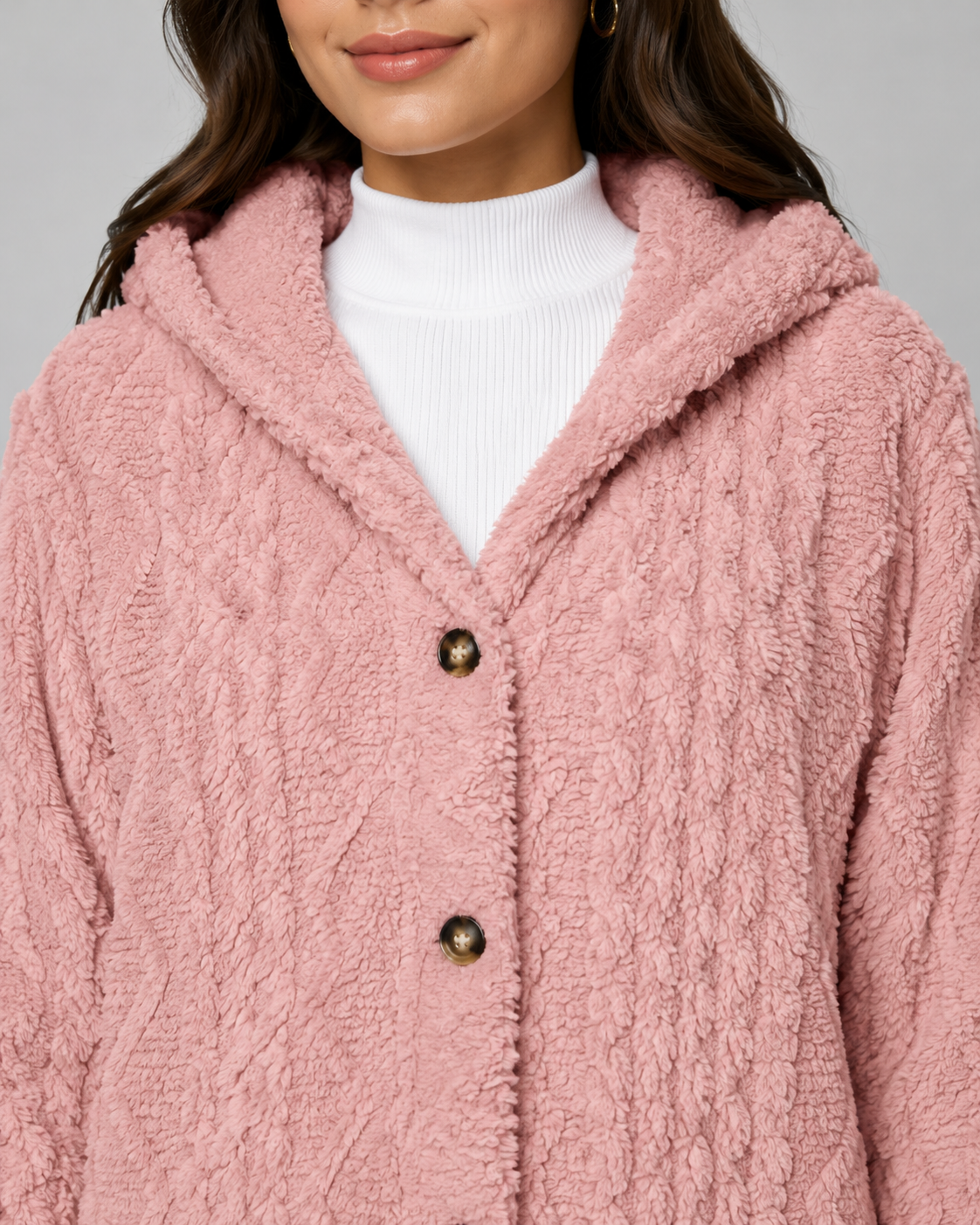 Women's Hooded Teddy Fleece Jacket with Cable Texture