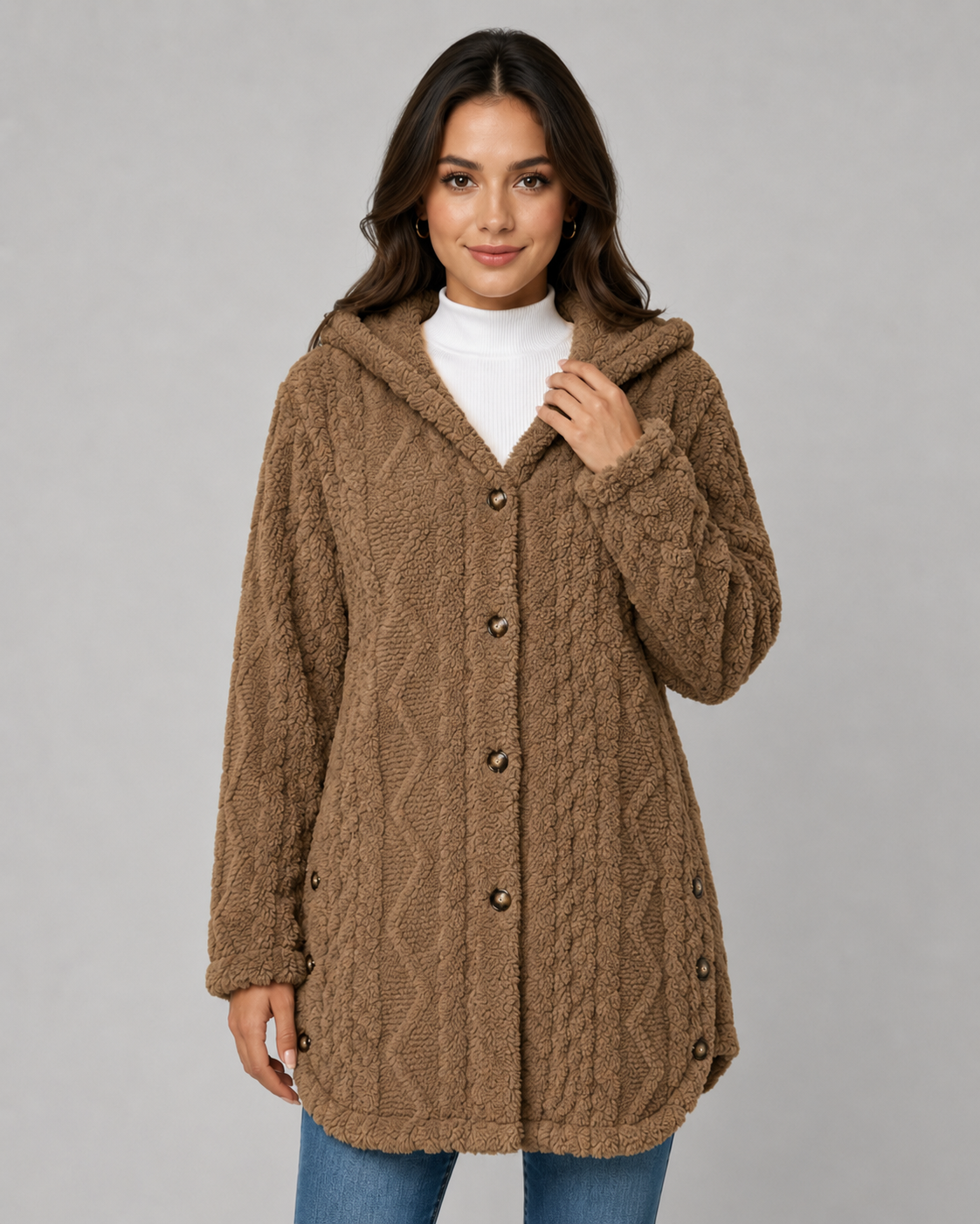 Women's Hooded Teddy Fleece Jacket with Cable Texture