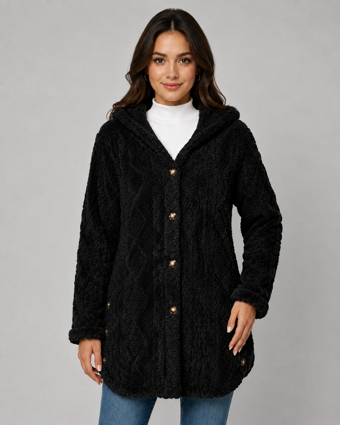 Women's Hooded Teddy Fleece Jacket with Cable Texture