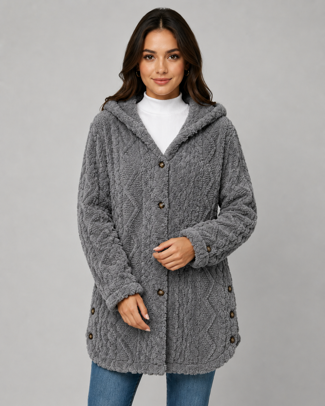 Women's Hooded Teddy Fleece Jacket with Cable Texture