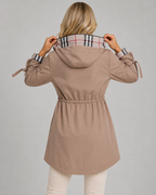 Women's Hooded Trench Coat - Check Lined Adjustable Waist