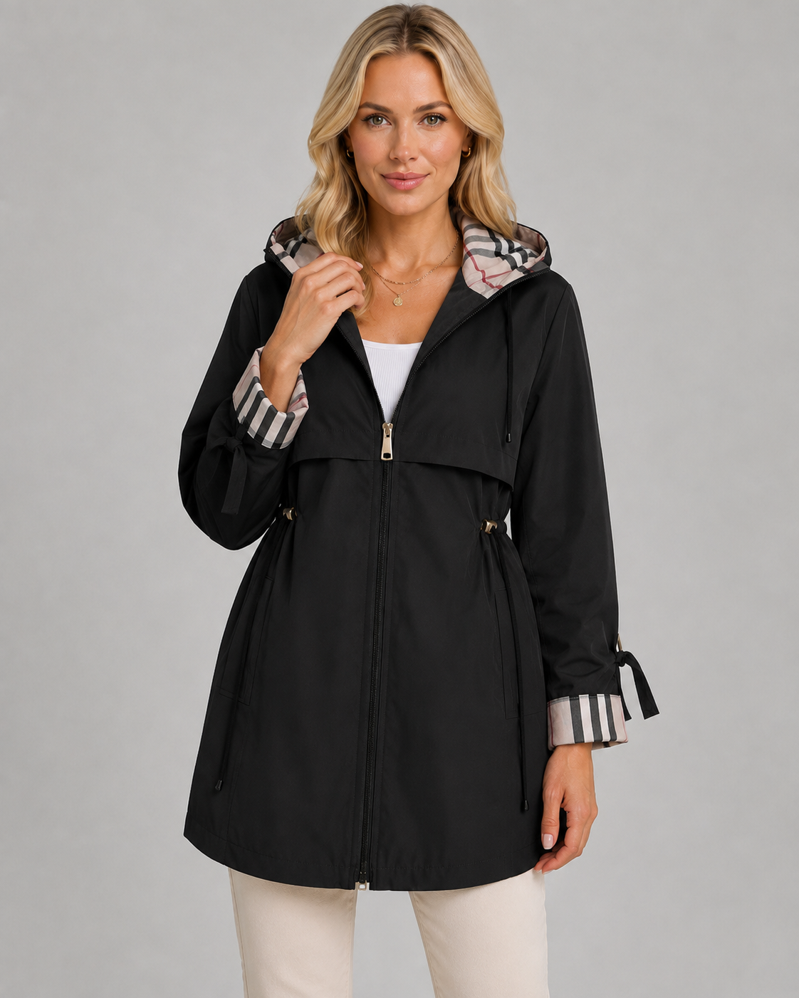 Women's Hooded Trench Coat - Check Lined Adjustable Waist