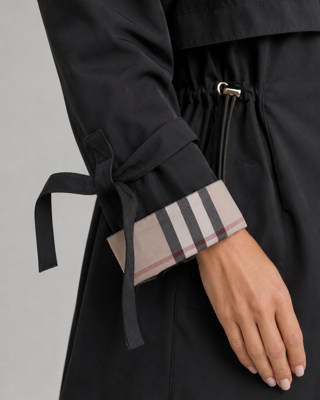 Women's Hooded Trench Coat - Check Lined Adjustable Waist