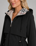 Women's Hooded Trench Coat - Check Lined Adjustable Waist