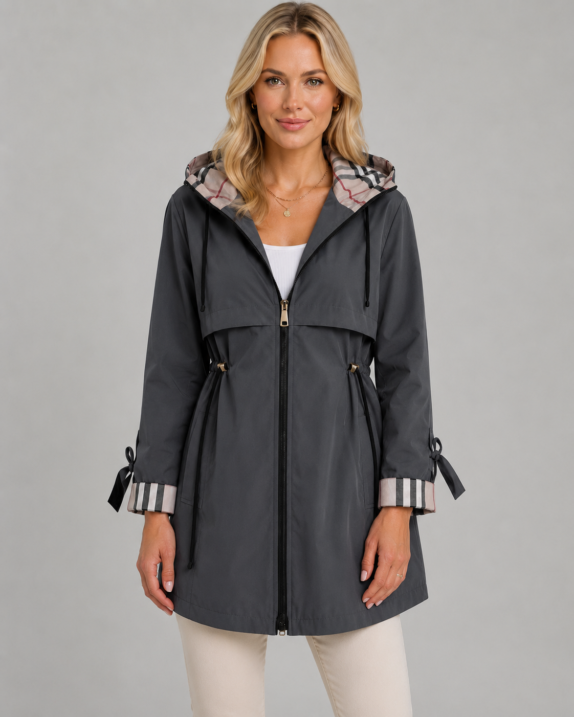 Women's Hooded Trench Coat - Check Lined Adjustable Waist