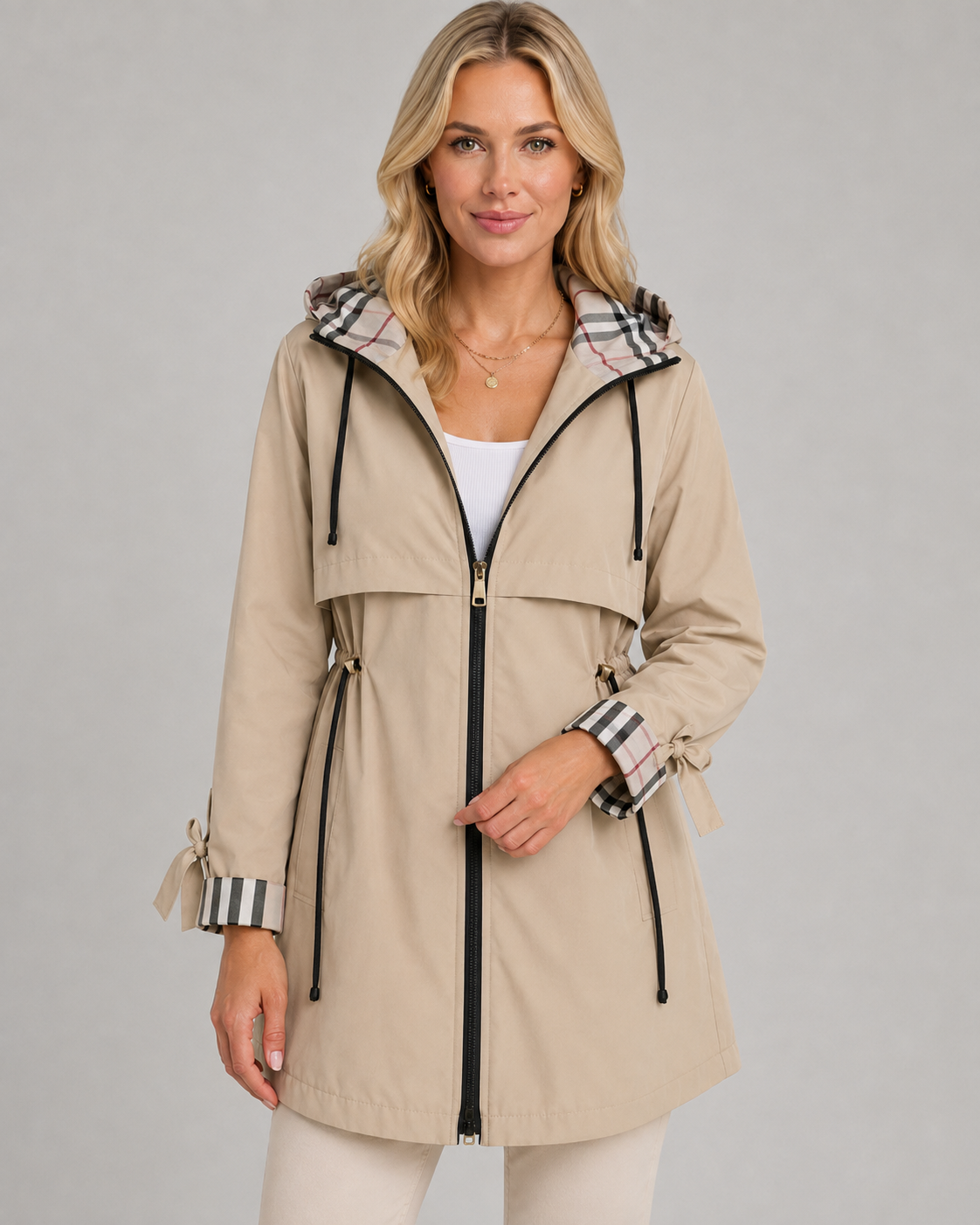 Women's Hooded Trench Coat - Check Lined Adjustable Waist