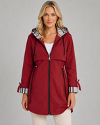 Women's Hooded Trench Coat - Check Lined Adjustable Waist