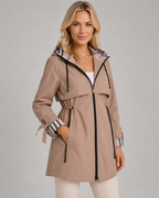 Women's Hooded Trench Coat - Check Lined Adjustable Waist