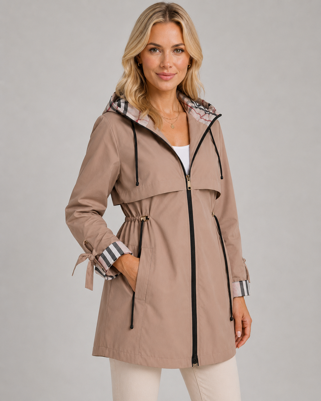 Women's Hooded Trench Coat - Check Lined Adjustable Waist