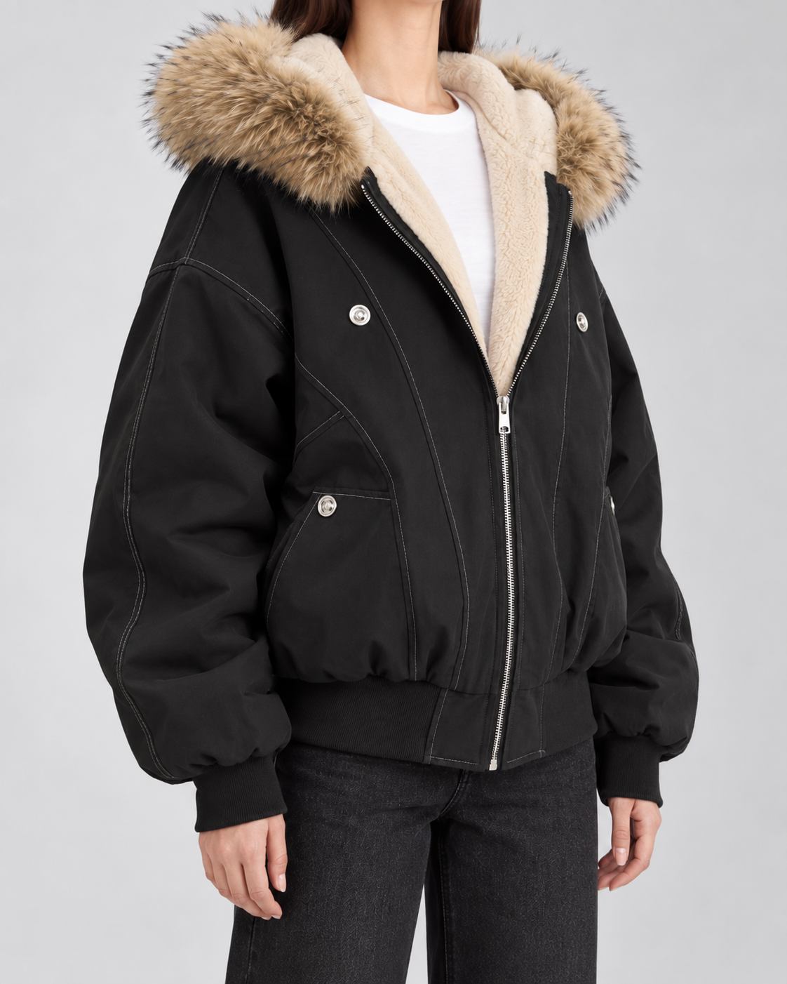 Women's Hooded Winter Bomber Jacket - Fur Trim Oversized Fit