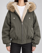 Women's Hooded Winter Bomber Jacket - Fur Trim Oversized Fit