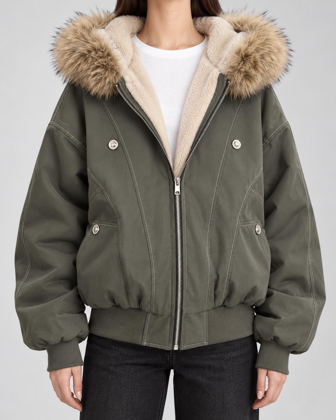 Women's Hooded Winter Bomber Jacket - Fur Trim Oversized Fit