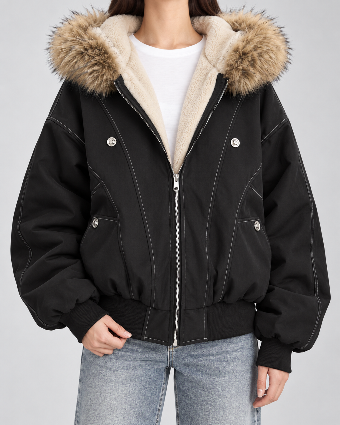 Women's Hooded Winter Bomber Jacket - Fur Trim Oversized Fit