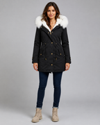 Women's Hooded Winter Parka - Fur Trim Long Drawstring Waist