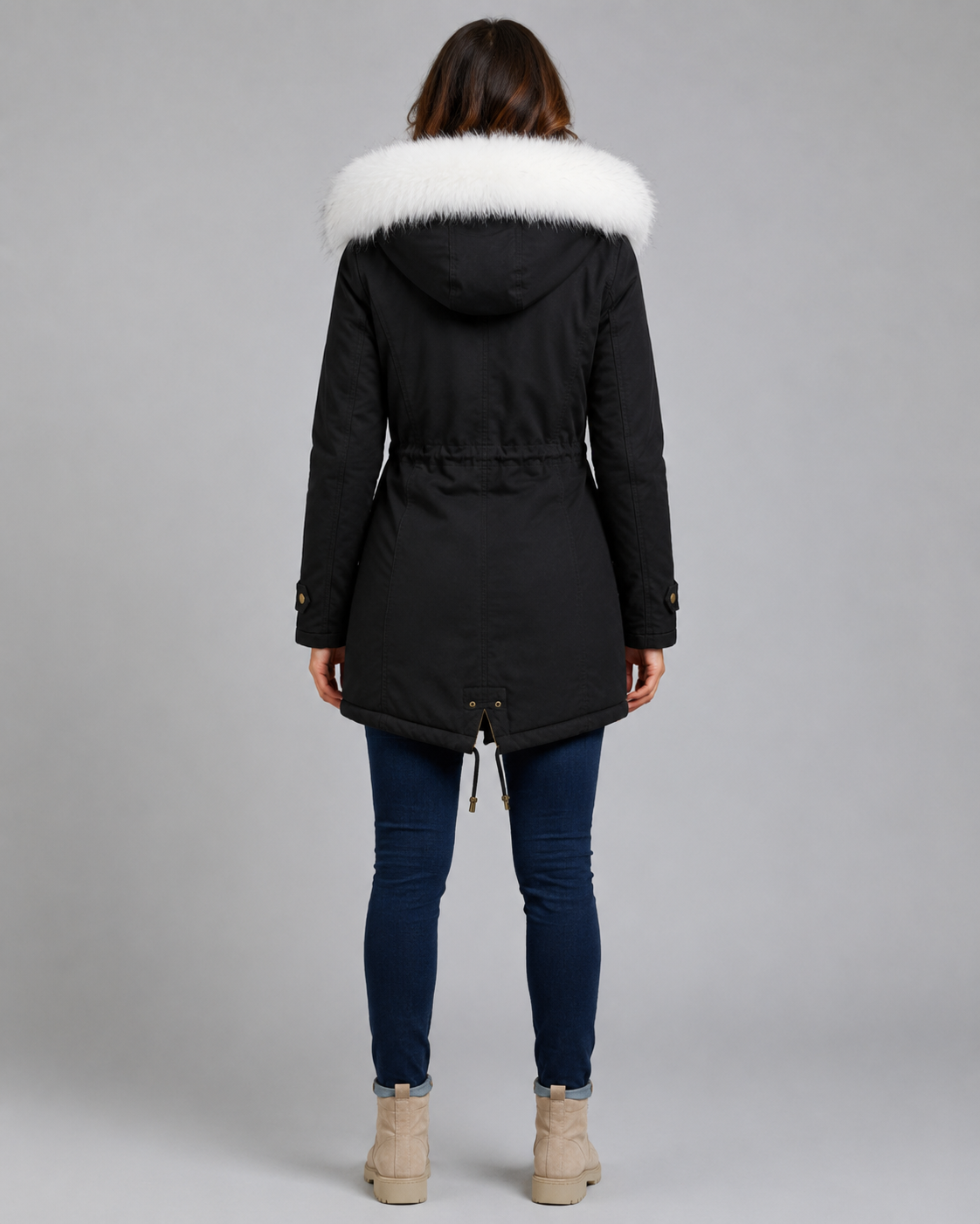 Women's Hooded Winter Parka - Fur Trim Long Drawstring Waist