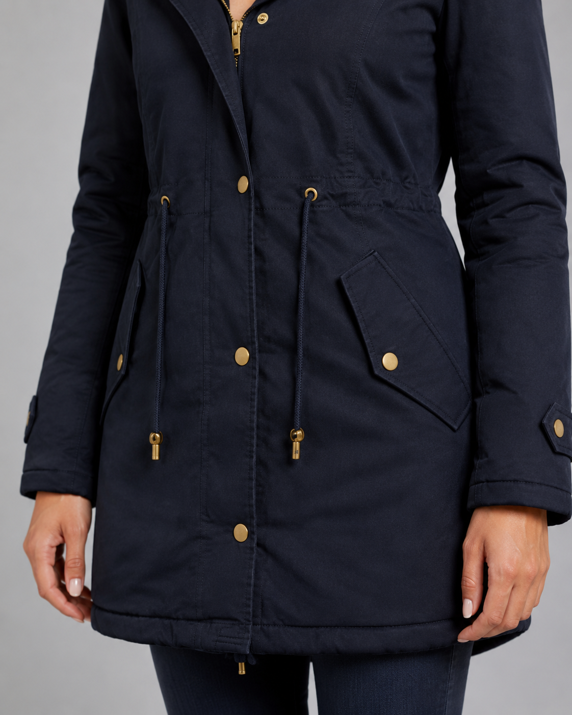 Women's Hooded Winter Parka - Fur Trim Long Drawstring Waist