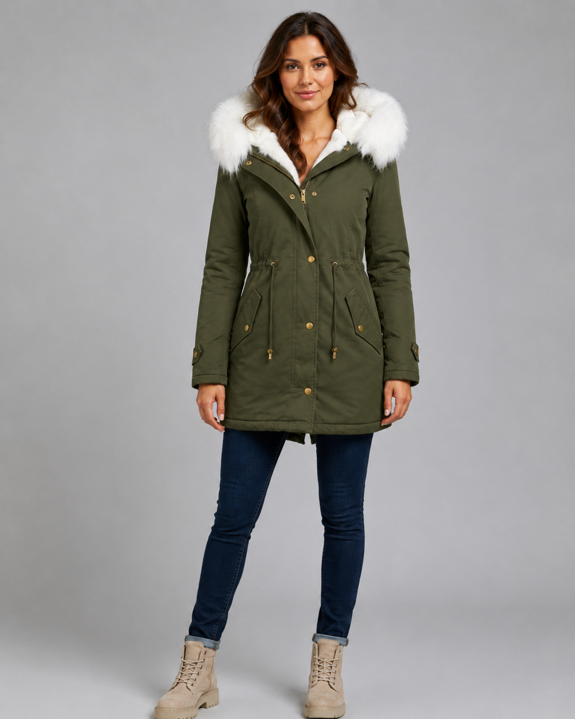 Women's Hooded Winter Parka - Fur Trim Long Drawstring Waist