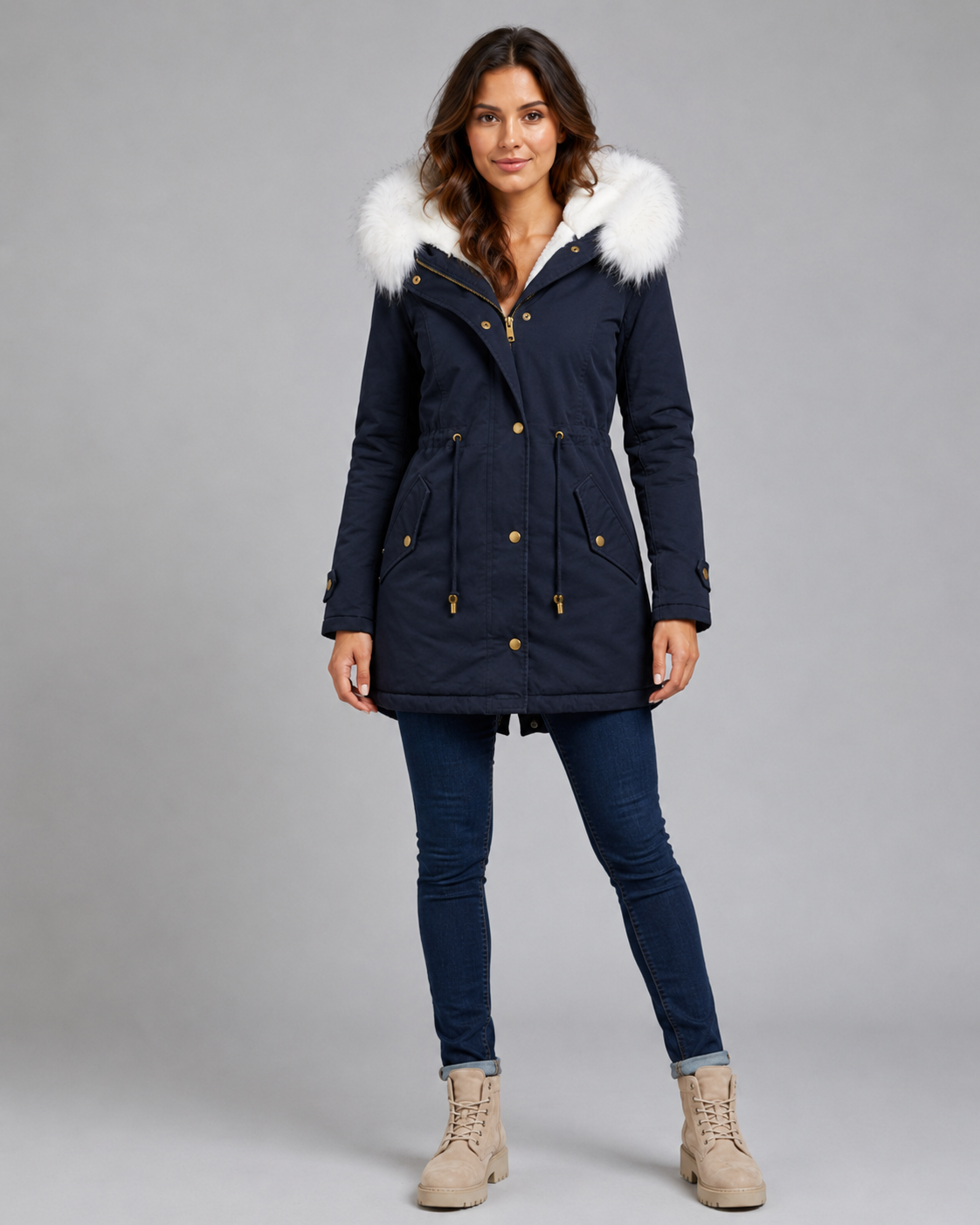 Women's Hooded Winter Parka - Fur Trim Long Drawstring Waist