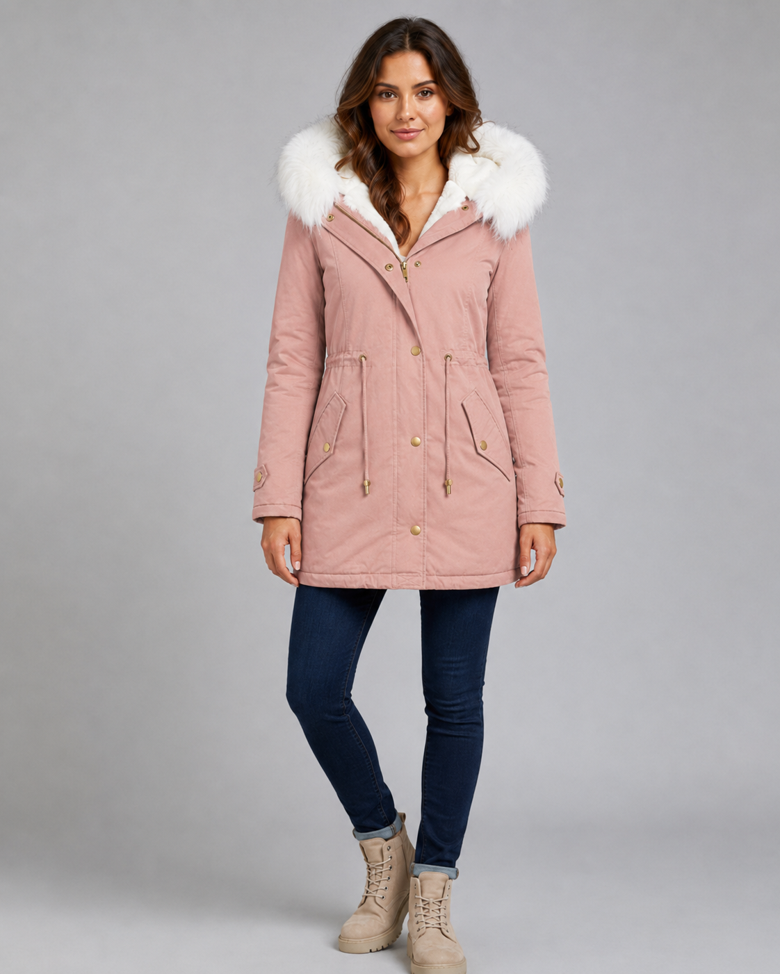 Women's Hooded Winter Parka - Fur Trim Long Drawstring Waist