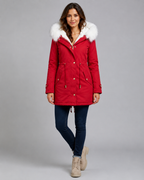 Women's Hooded Winter Parka - Fur Trim Long Drawstring Waist