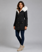 Women's Hooded Winter Parka - Fur Trim Long Drawstring Waist