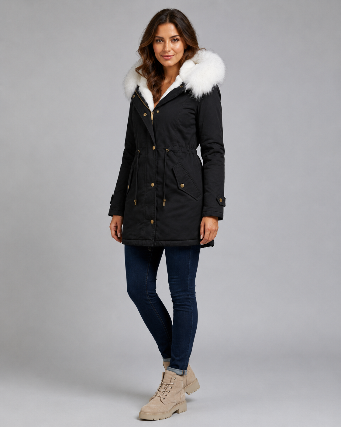 Women's Hooded Winter Parka - Fur Trim Long Drawstring Waist