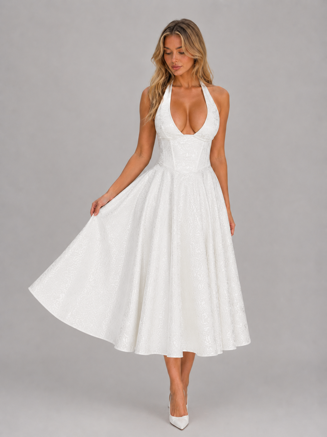 Women's Jacquard Halter Midi Dress - Full Skirt