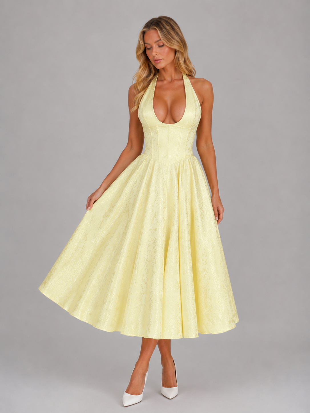 Women's Jacquard Halter Midi Dress - Full Skirt