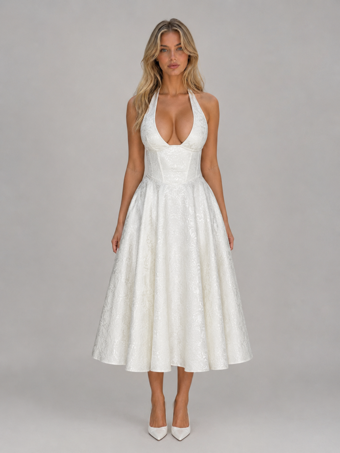Women's Jacquard Halter Midi Dress - Full Skirt