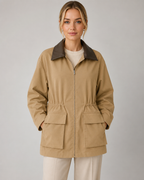 Women's Khaki Barn Jacket – Contrast Collar Zip Front