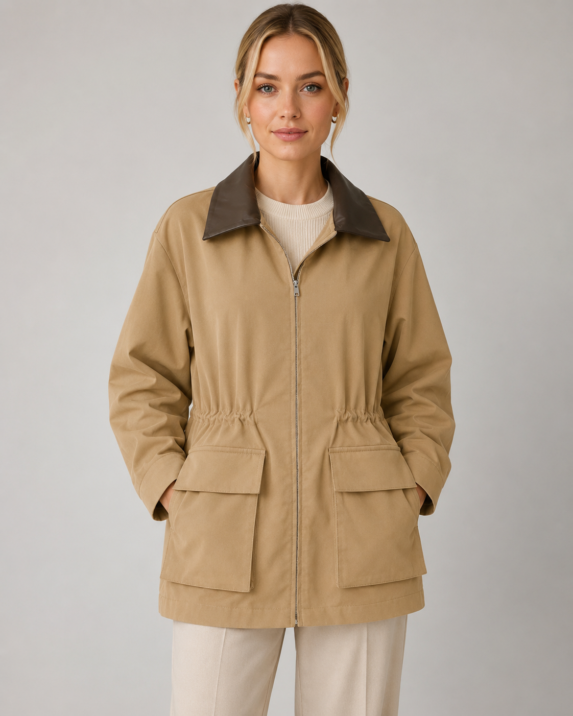 Women's Khaki Barn Jacket – Contrast Collar Zip Front
