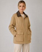 Women's Khaki Barn Jacket – Contrast Collar Zip Front