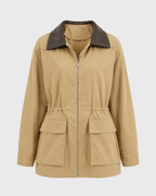 Women's Khaki Barn Jacket – Contrast Collar Zip Front