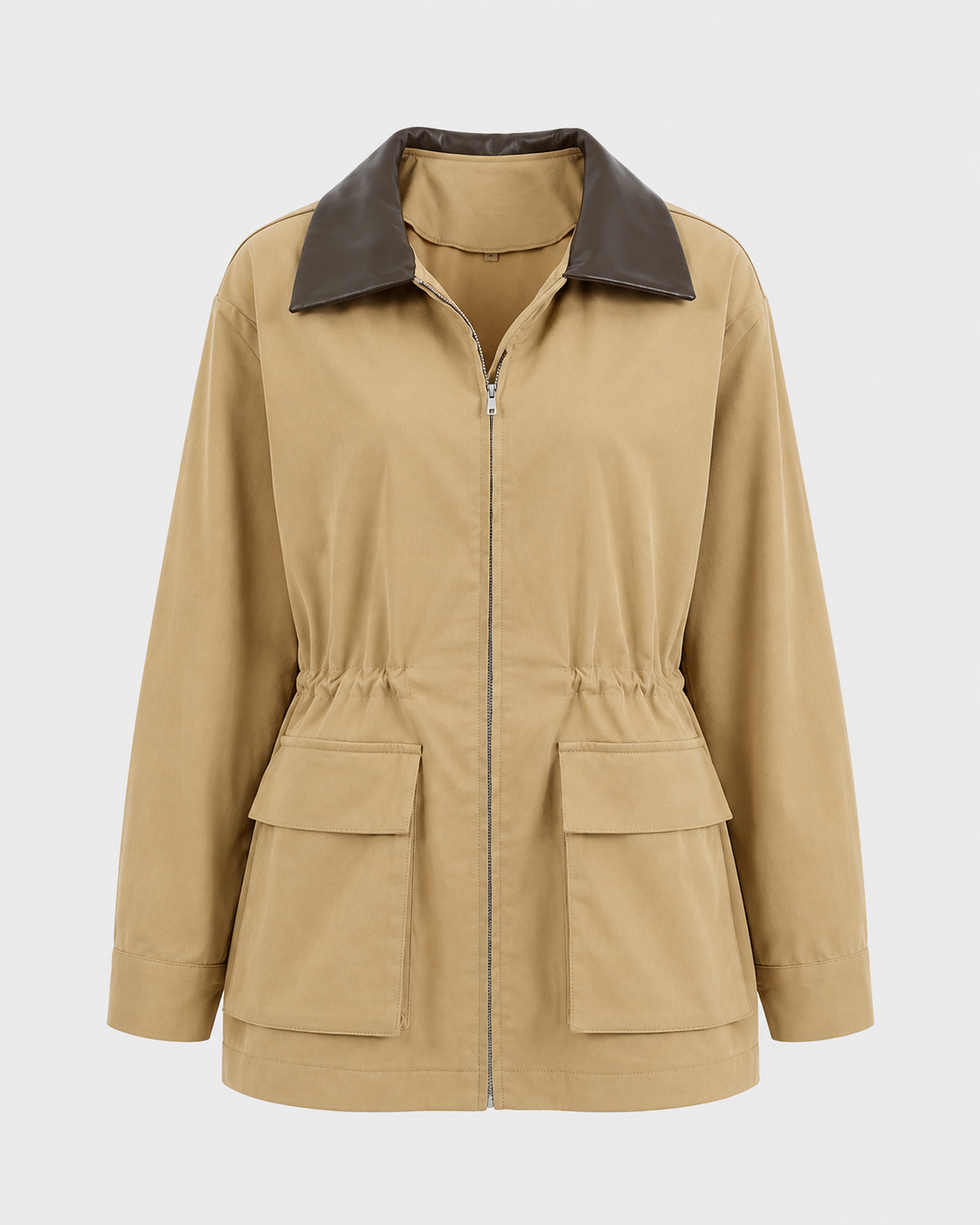 Women's Khaki Barn Jacket – Contrast Collar Zip Front