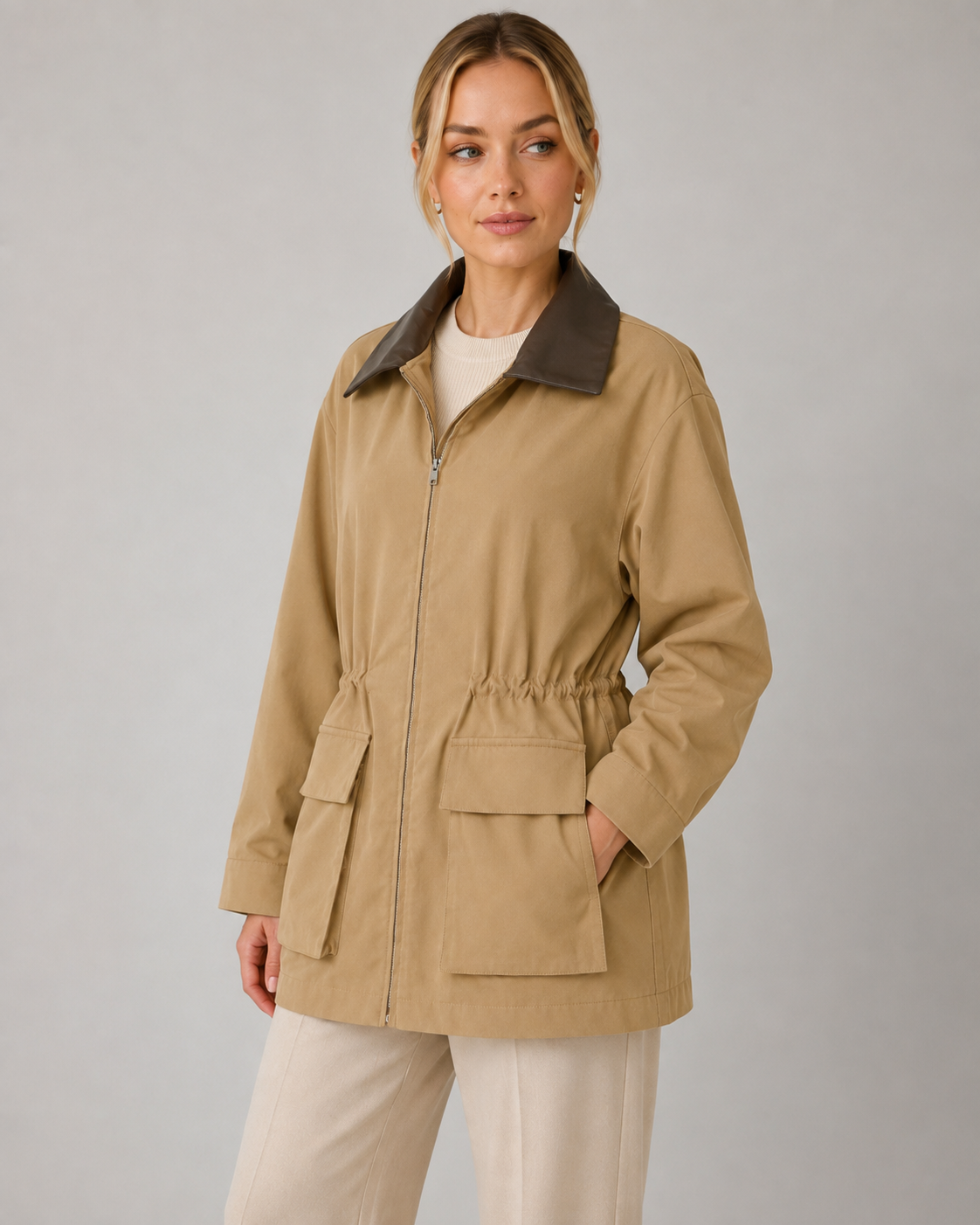 Women's Khaki Barn Jacket – Contrast Collar Zip Front