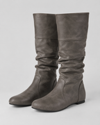 Women's Knee-High Slouch Boots - Ruched Shaft Flat Heel
