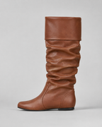 Women's Knee-High Slouch Boots - Ruched Shaft Flat Heel