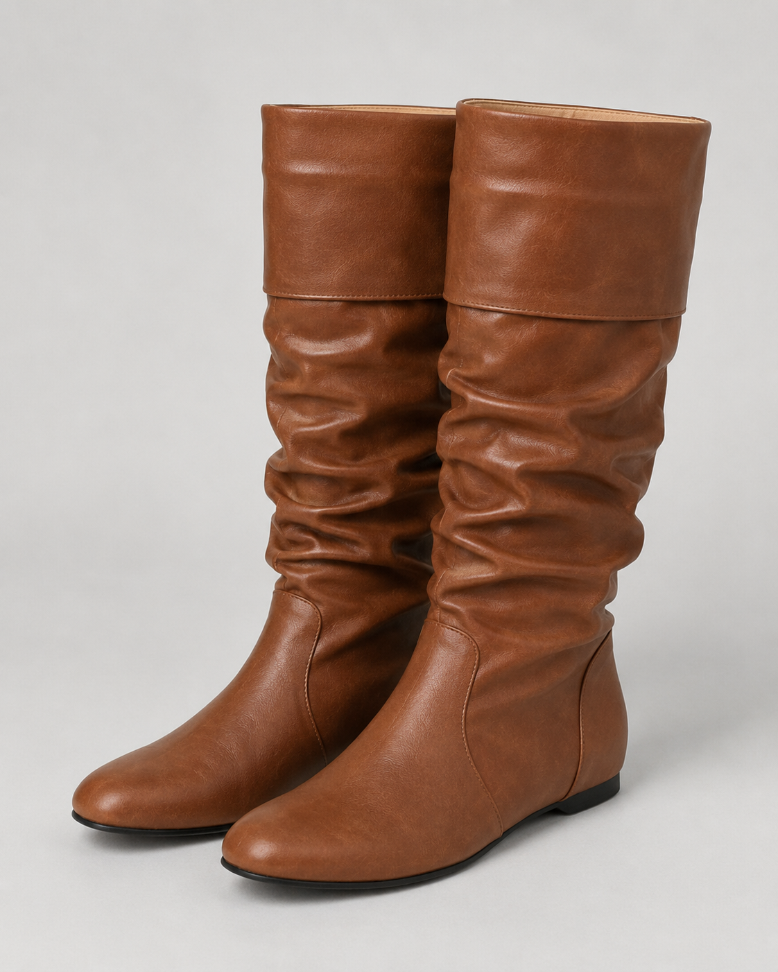 Women's Knee-High Slouch Boots - Ruched Shaft Flat Heel