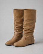 Women's Knee-High Slouch Boots - Ruched Shaft Flat Heel
