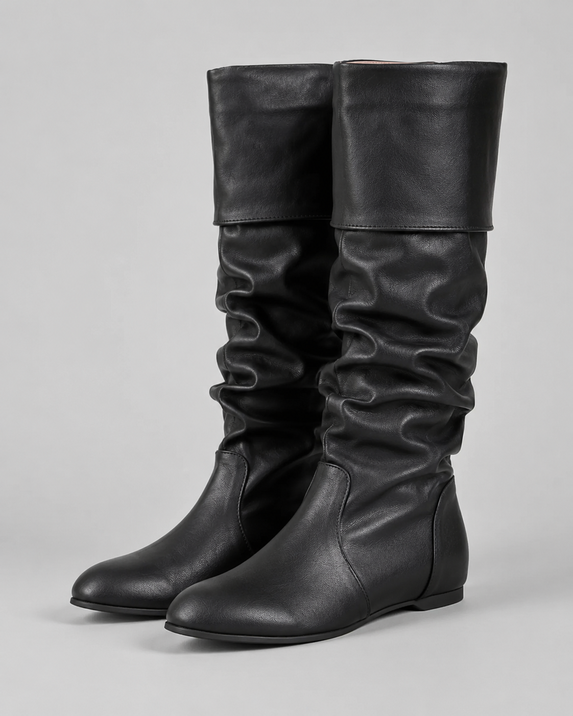 Women's Knee-High Slouch Boots - Ruched Shaft Flat Heel