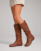 Women's Knee-High Slouch Boots - Ruched Shaft Flat Heel