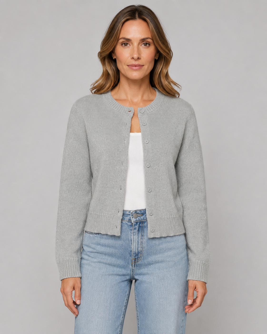 Women's Knitted Button Cardigan - Crew Neck Cropped Relaxed Fit