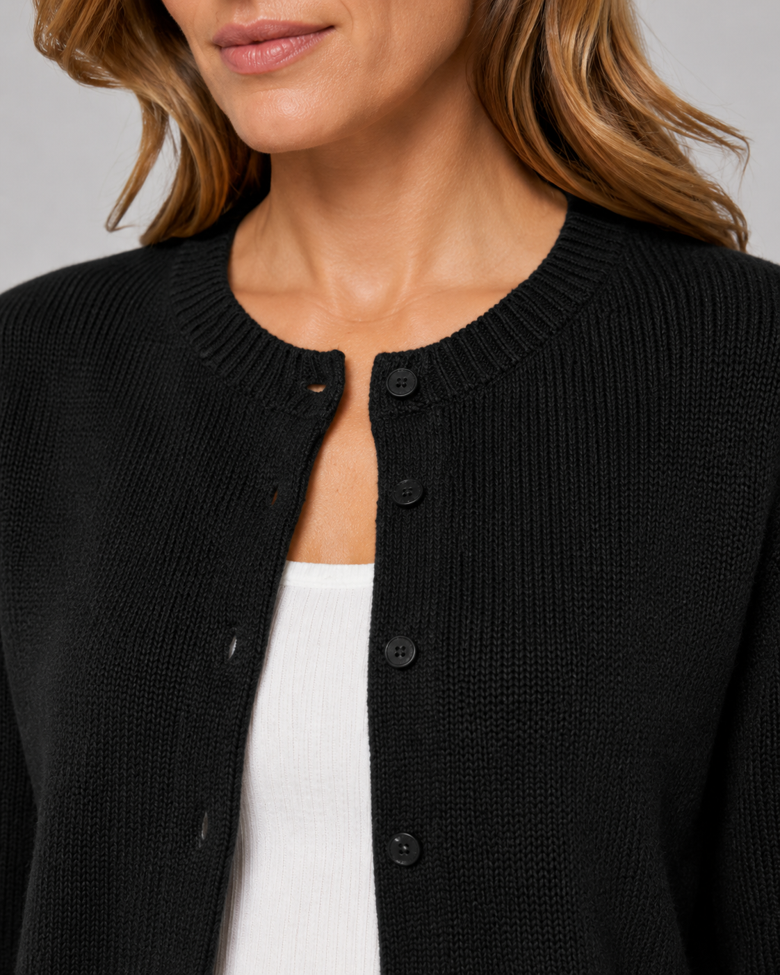 Women's Knitted Button Cardigan - Crew Neck Cropped Relaxed Fit