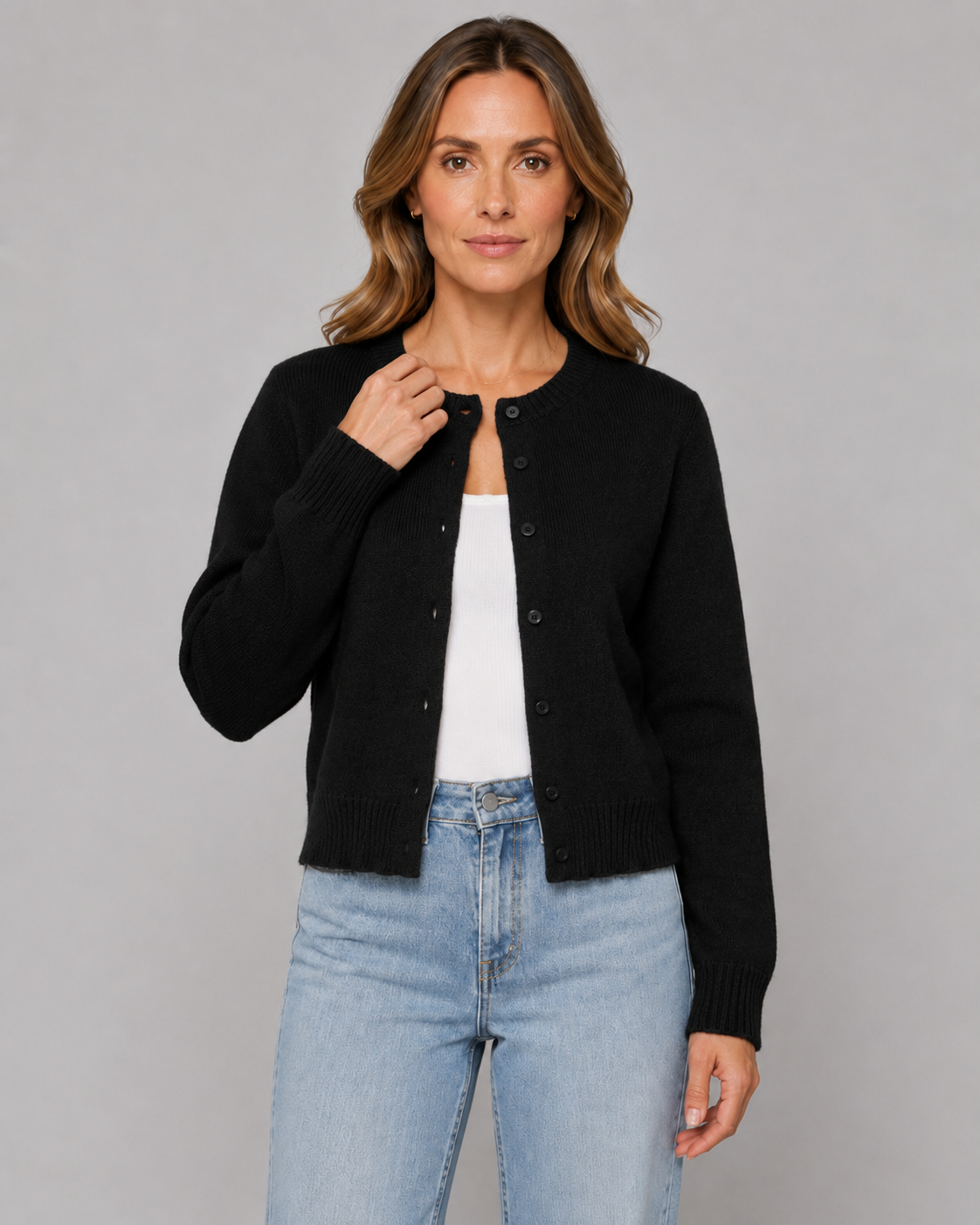 Women's Knitted Button Cardigan - Crew Neck Cropped Relaxed Fit