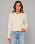 Women's Knitted Button Cardigan - Crew Neck Cropped Relaxed Fit