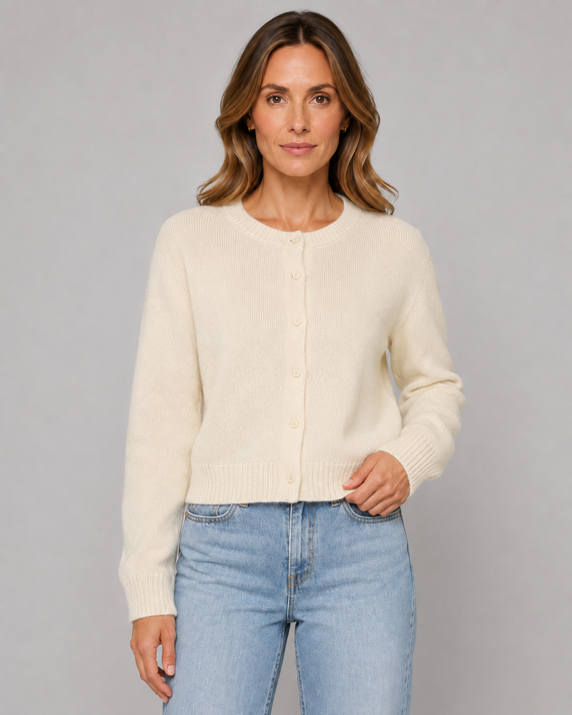Women's Knitted Button Cardigan - Crew Neck Cropped Relaxed Fit