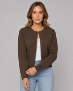 Women's Knitted Button Cardigan - Crew Neck Cropped Relaxed Fit