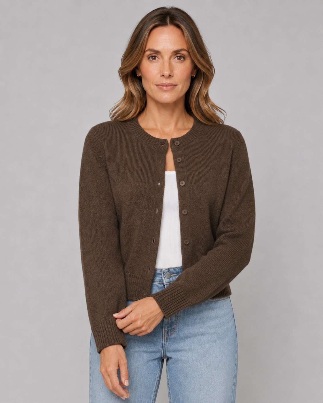 Women's Knitted Button Cardigan - Crew Neck Cropped Relaxed Fit