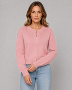 Women's Knitted Button Cardigan - Crew Neck Cropped Relaxed Fit