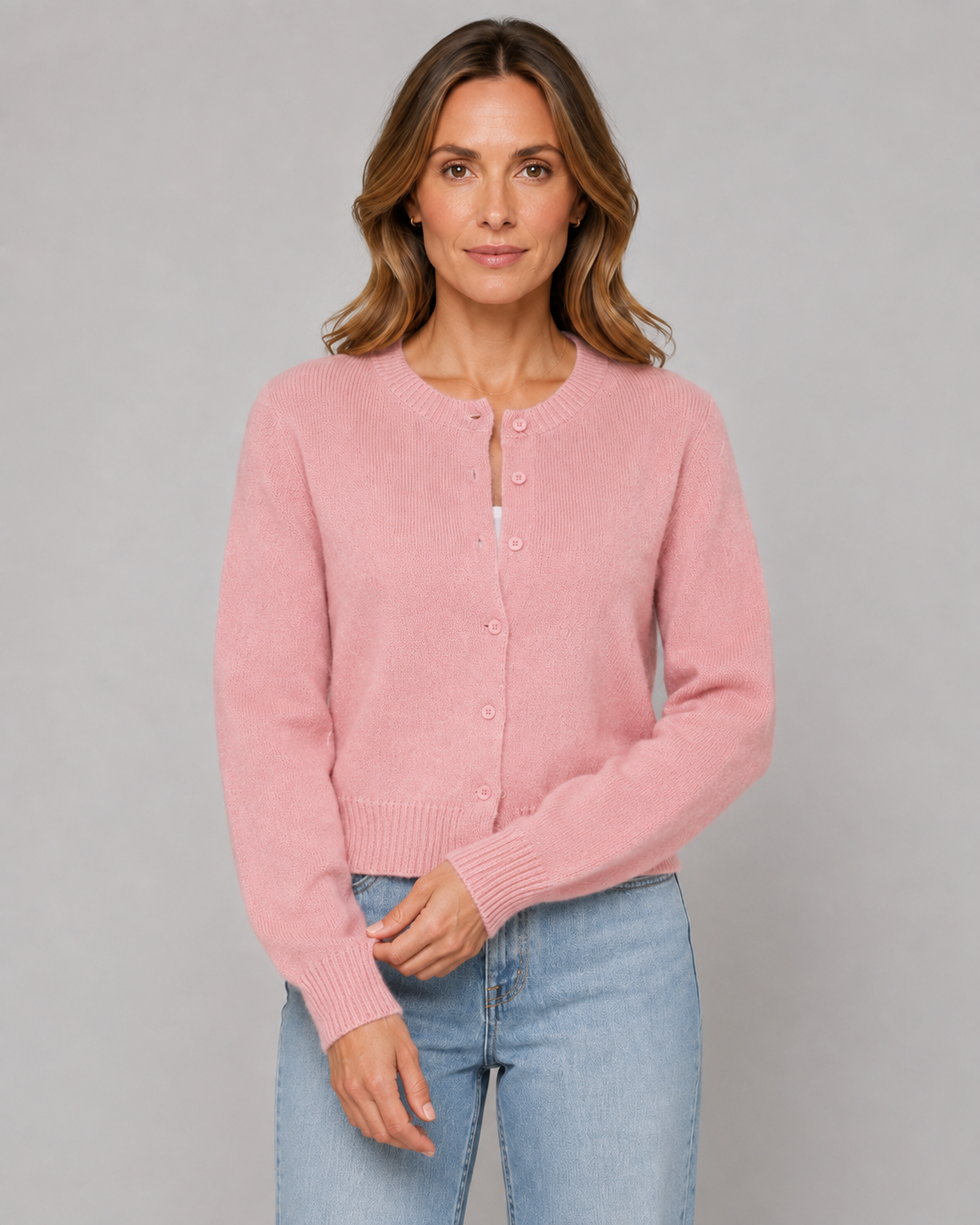 Women's Knitted Button Cardigan - Crew Neck Cropped Relaxed Fit